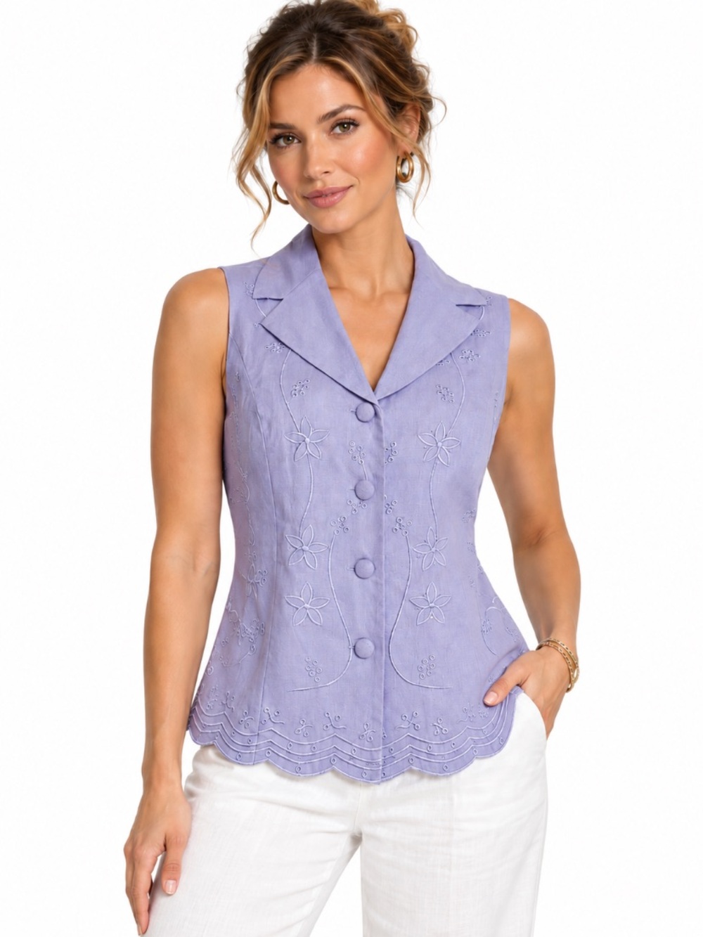 Dressbarn Sleeveless Lavender Embroidered Linen Blend Cottagecore Blouse Size 4